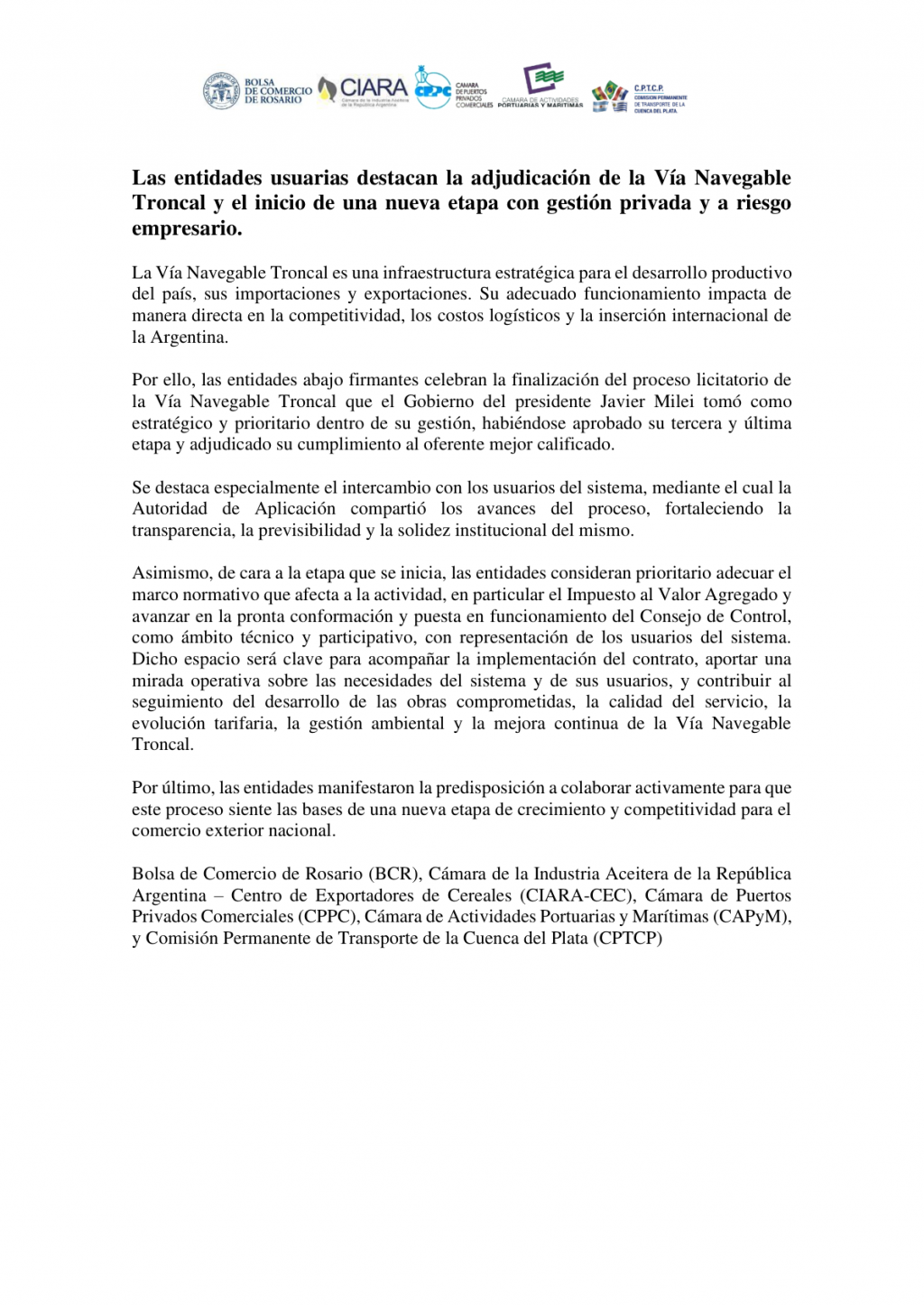 Hidrovía: entidades usuarias respaldaron la adjudicación y piden avanzar con reformas pendientes